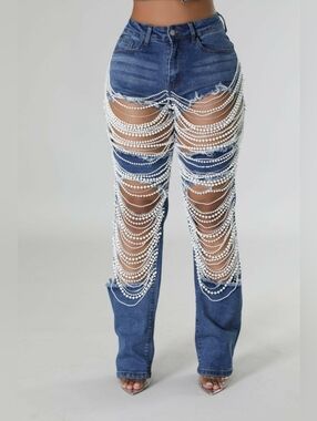 Women’s Blue Denim Jeans with Pearl Chain Detail